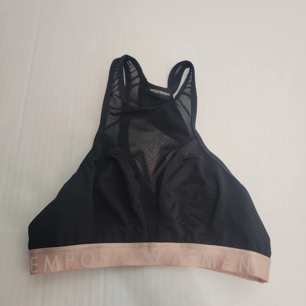 Emporio Armani Sport Bra Small Mesh  Longline Racer Back Black Logo Spellout